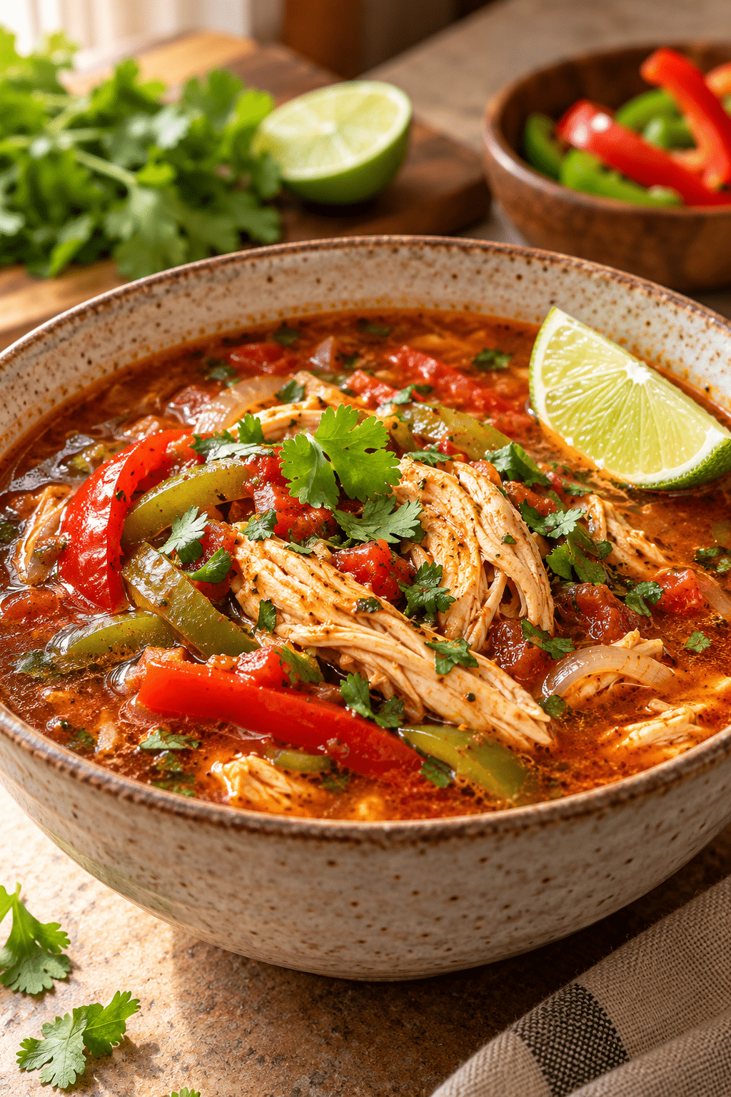 low carb chicken fajita soup in a bowl
