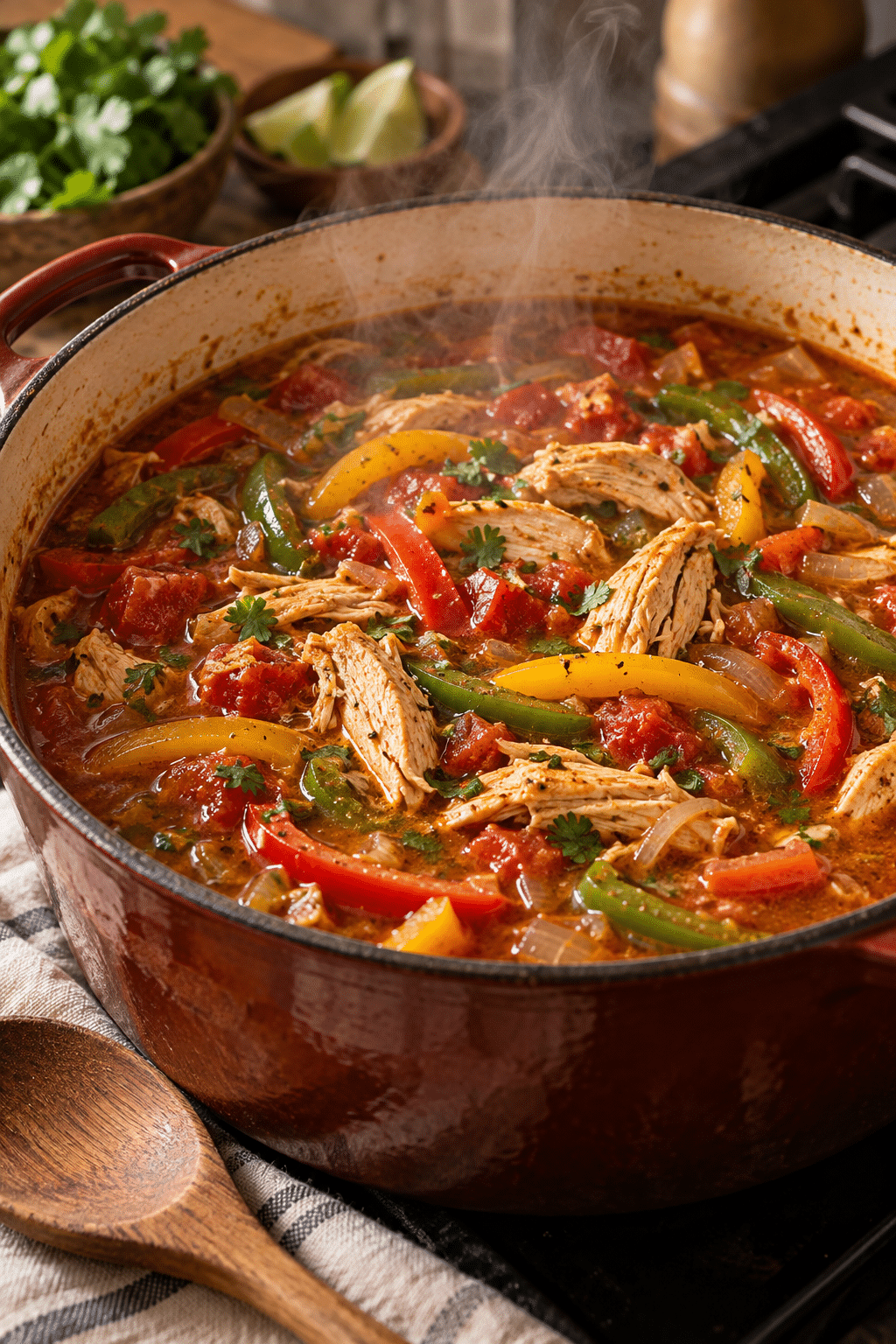 low carb chicken fajita soup simmering with peppers