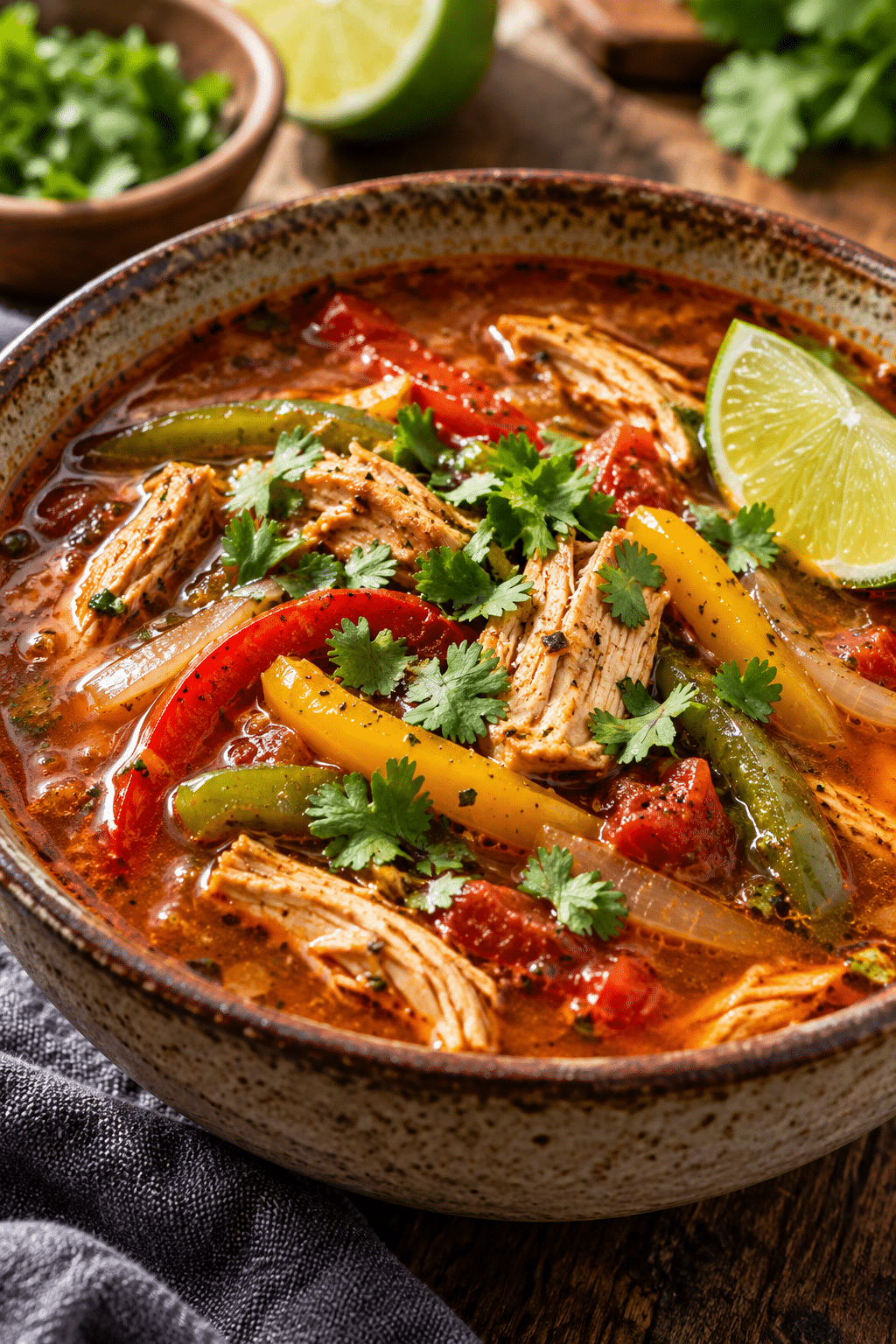 finished low carb chicken fajita soup with lime and cilantro