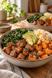 maple mustard tempeh bowls finished dish