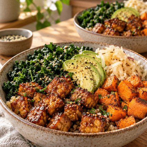 maple mustard tempeh bowls finished dish