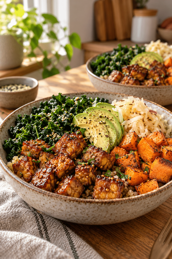 maple mustard tempeh bowls finished dish
