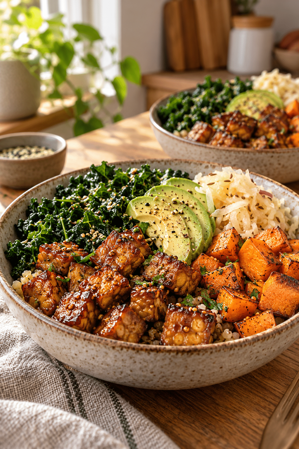 maple mustard tempeh bowls finished dish