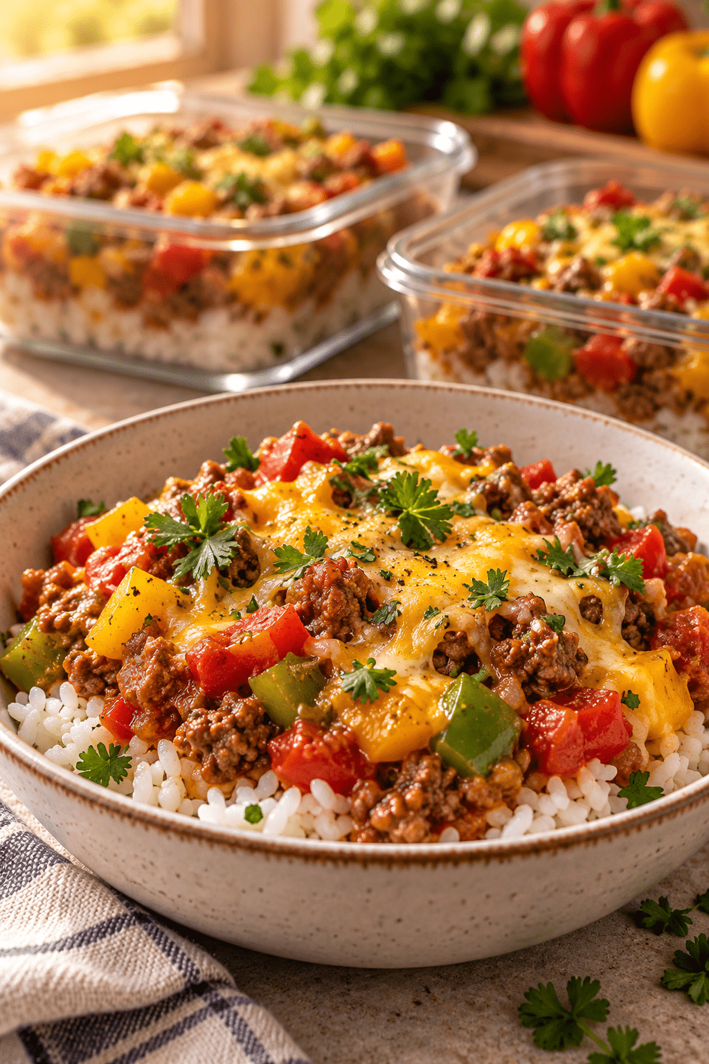 Finished meal prep unstuffed pepper bowls with rice and melted cheese