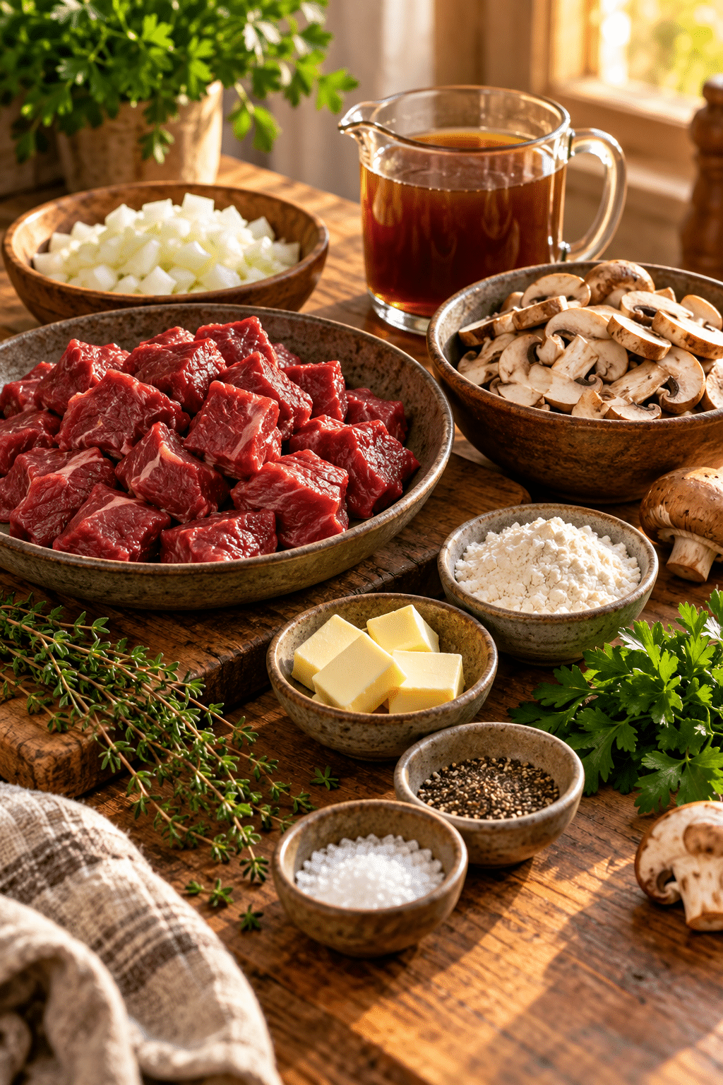 ingredients for beef tips with mushroom gravy
