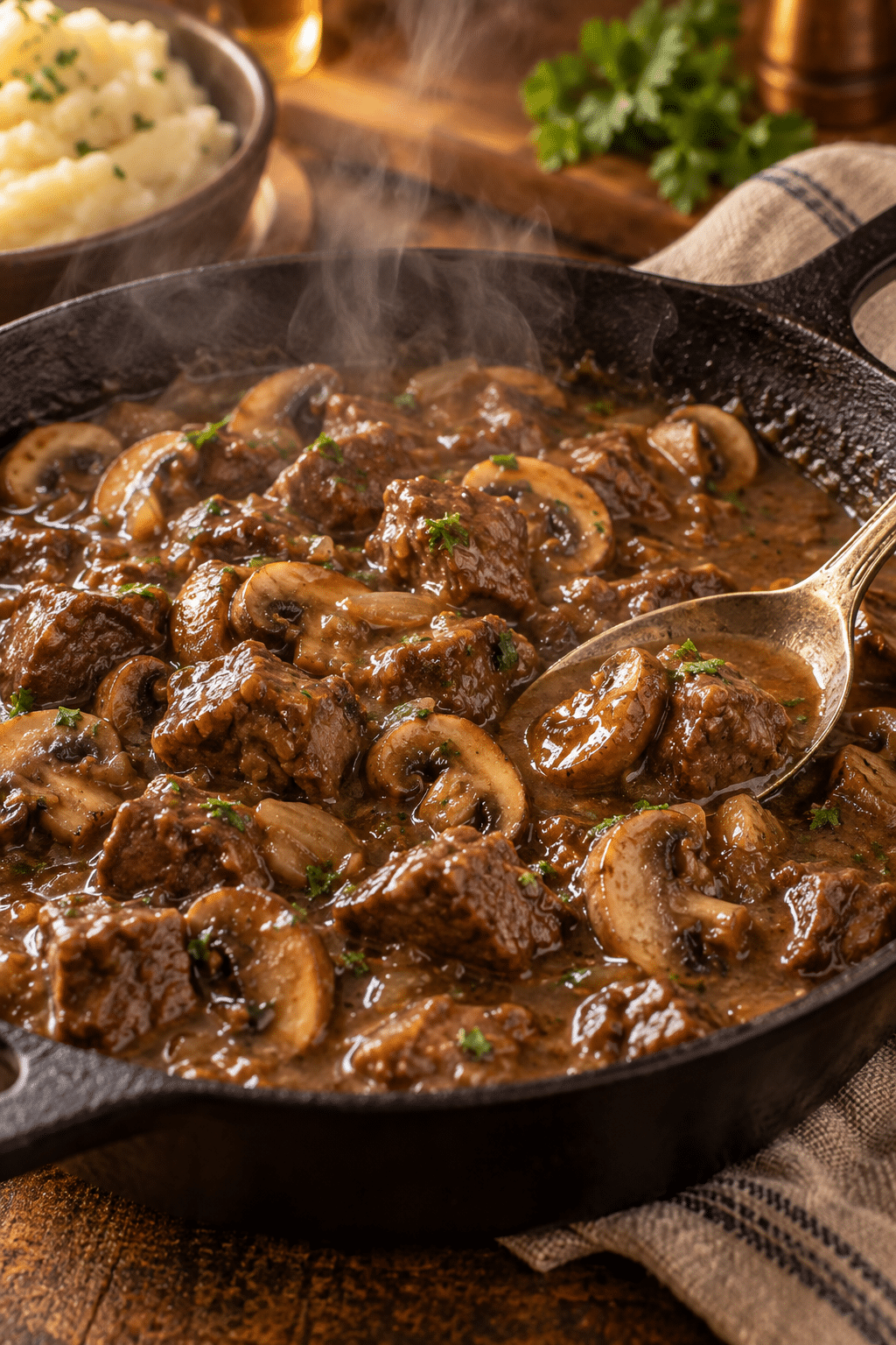 beef tips simmering with mushroom gravy