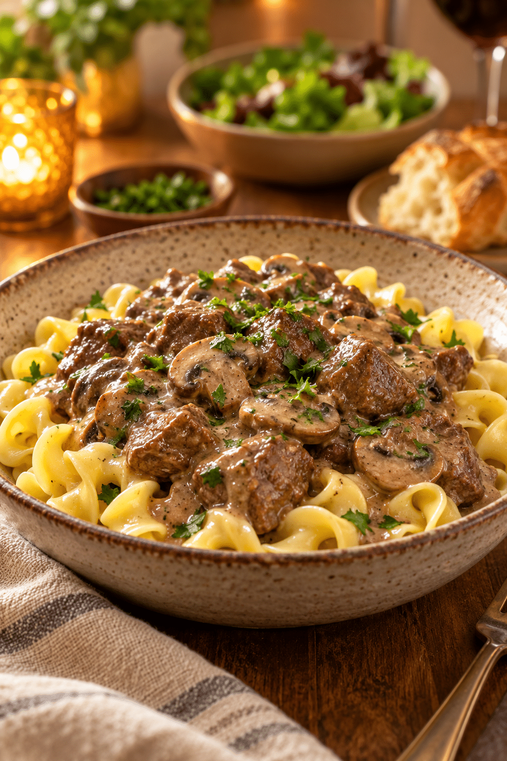 beef tips with mushroom gravy served over noodles