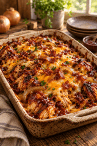 Loaded mesquite chicken bake with barbecue sauce, cheddar, and bacon