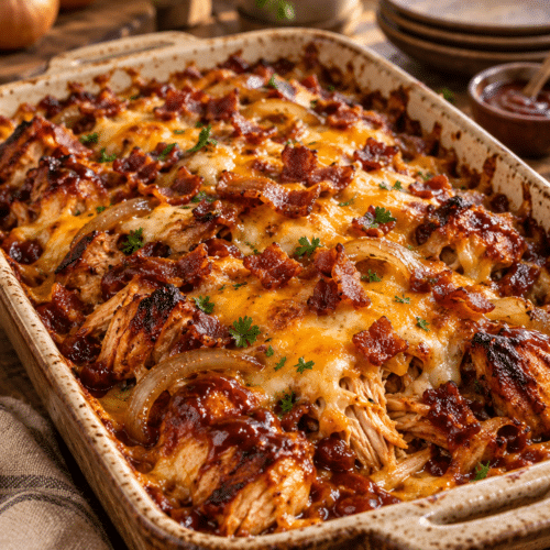 Loaded mesquite chicken bake with barbecue sauce, cheddar, and bacon