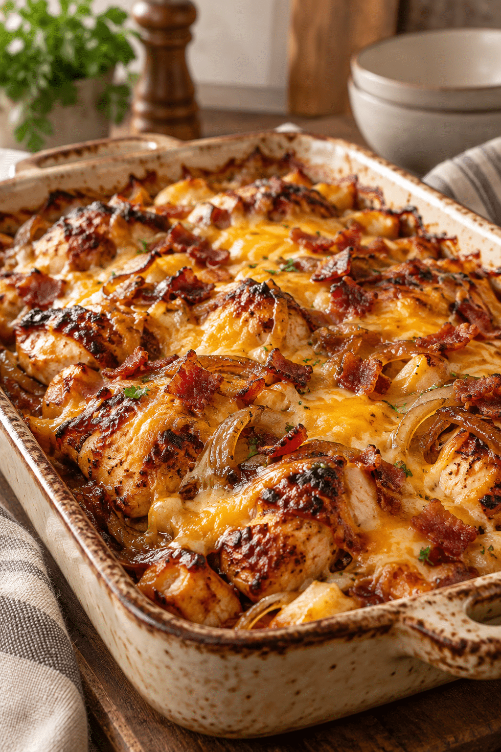 Mesquite chicken bake being topped with cheese and bacon