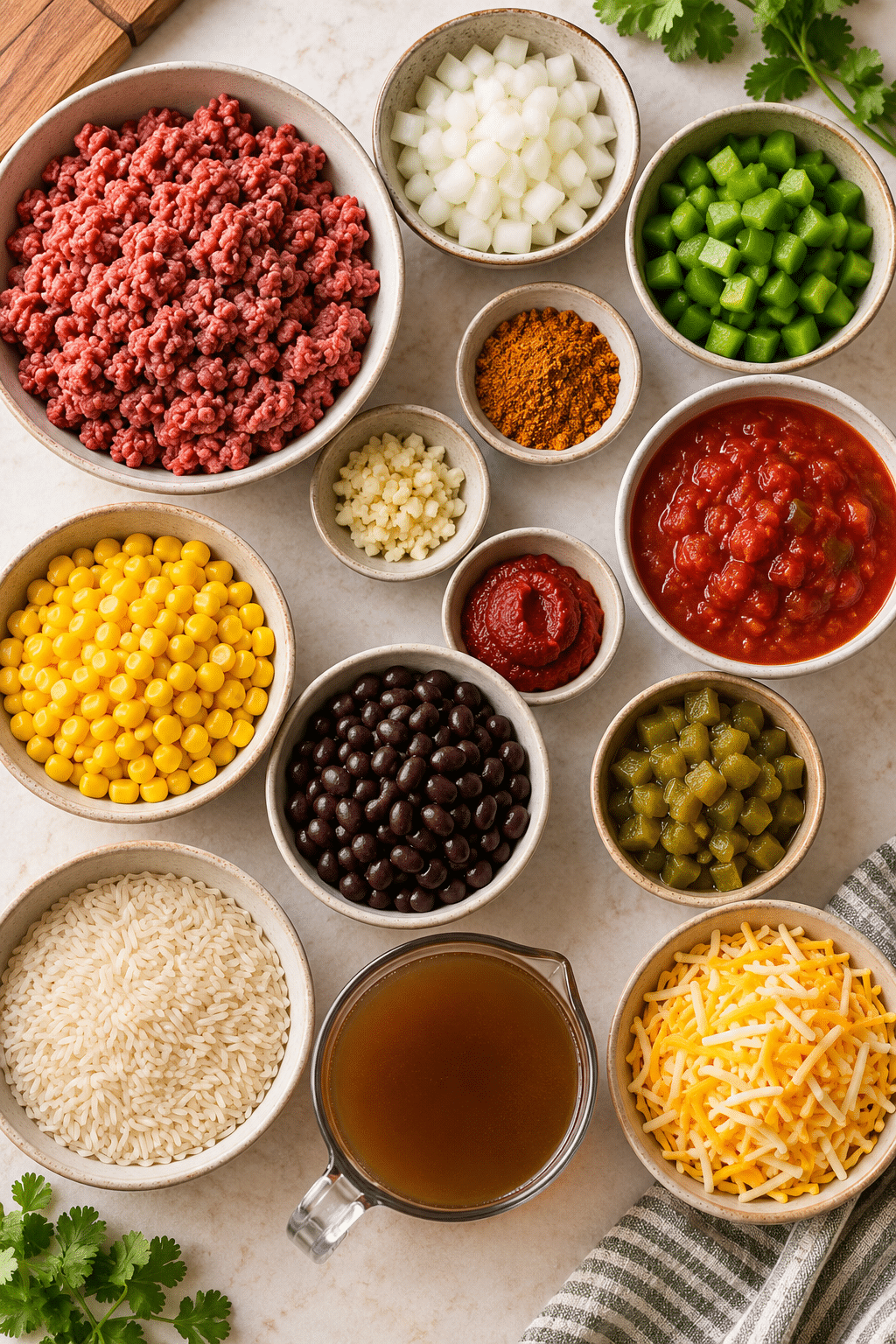 Ingredients for Mexican beef and rice casserole