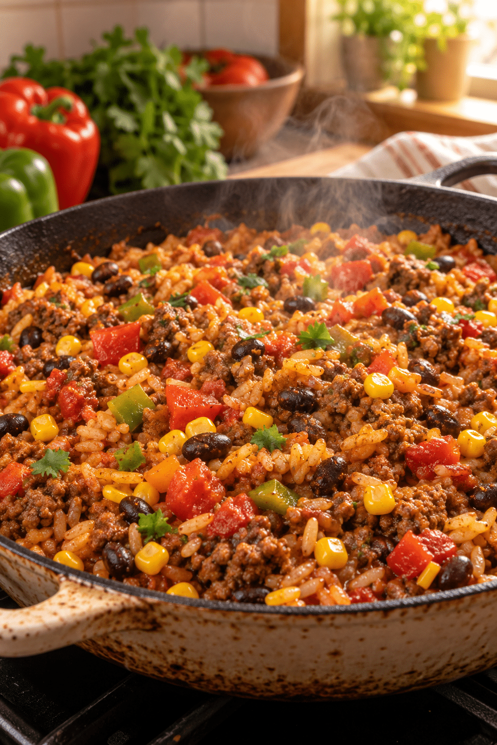 Mexican beef and rice casserole cooking in a skillet