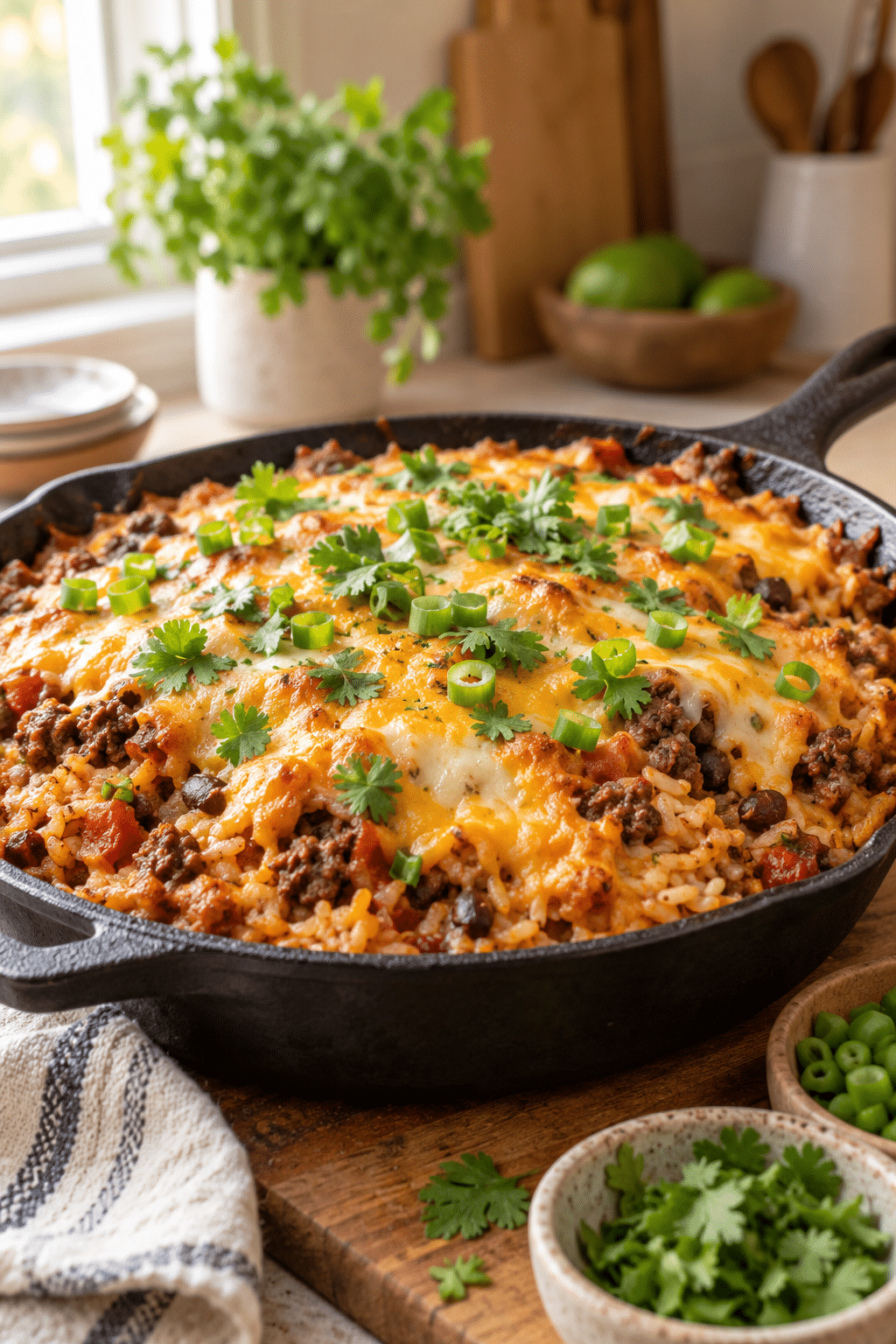 Finished Mexican beef and rice casserole