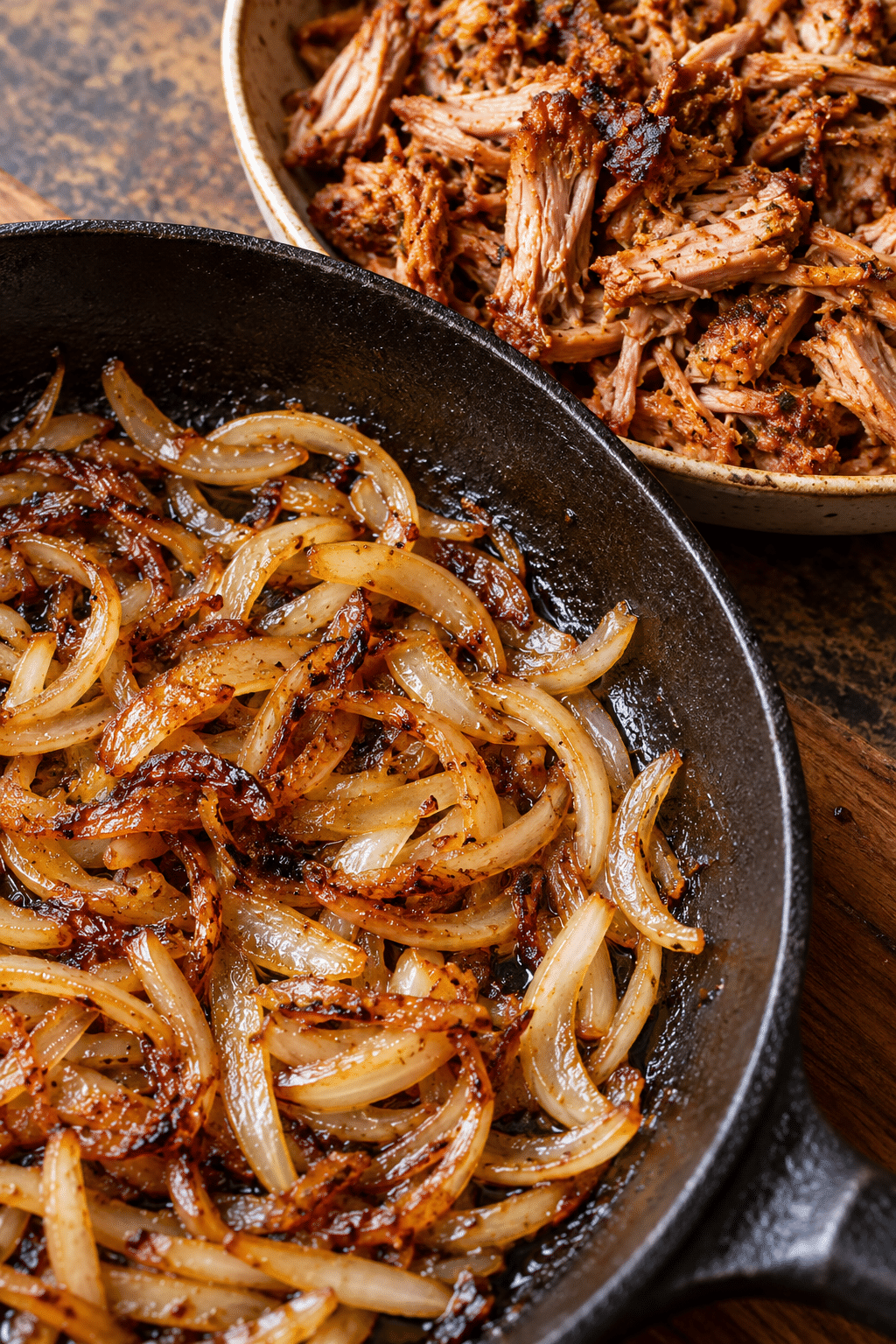 cooking the pork and caramelised onions for Mexican pork rolls