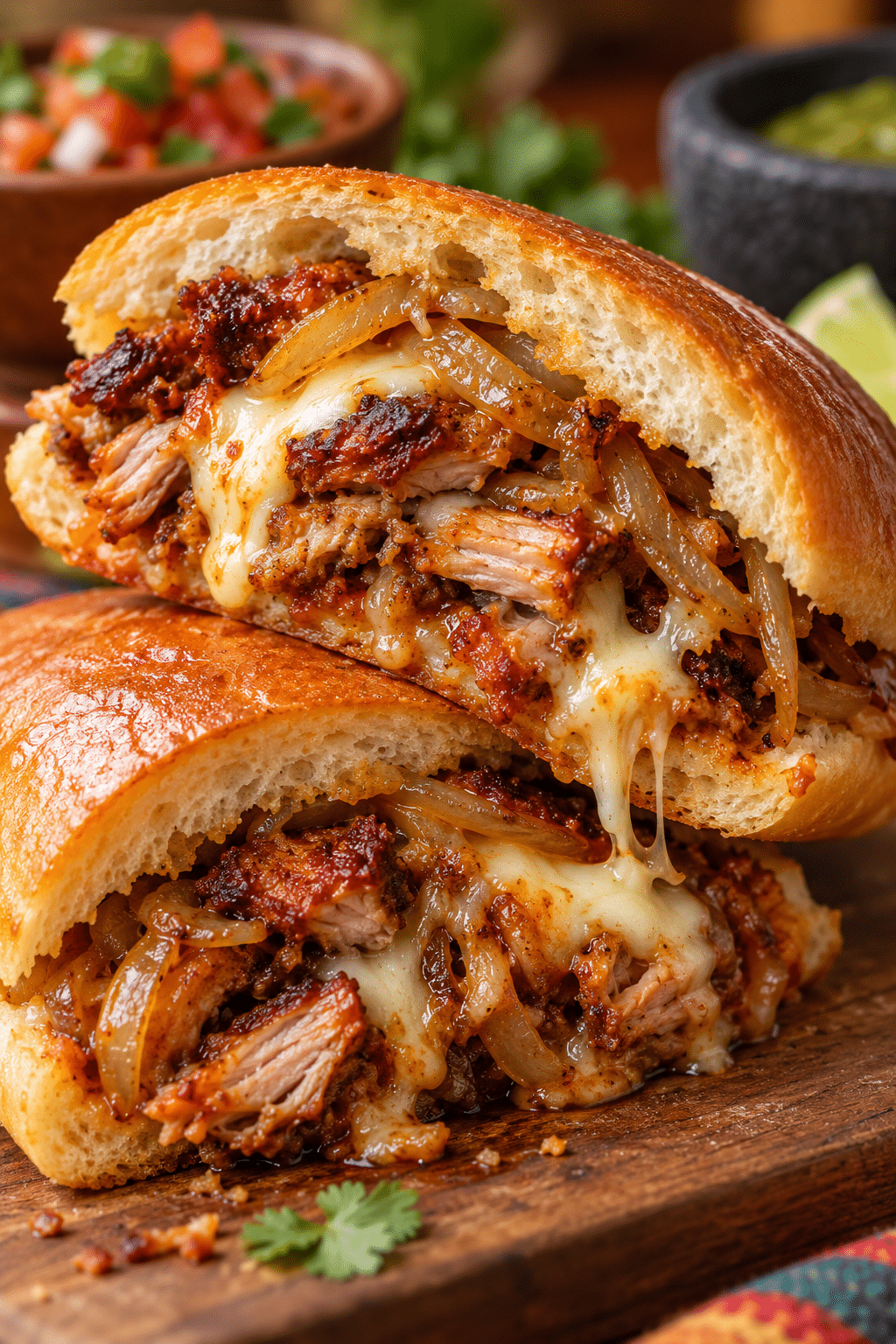 finished Mexican pork roll with crisp pork, cheese, and caramelised onions