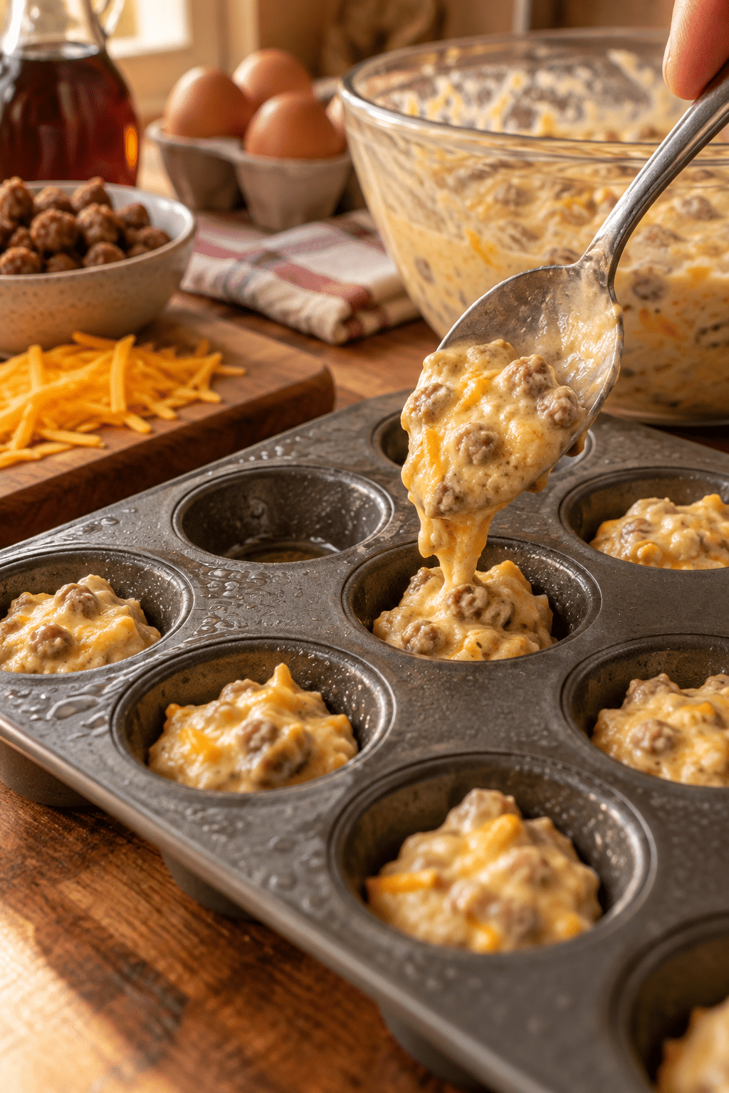 Mini McGriddle bite batter portioned into a mini muffin pan