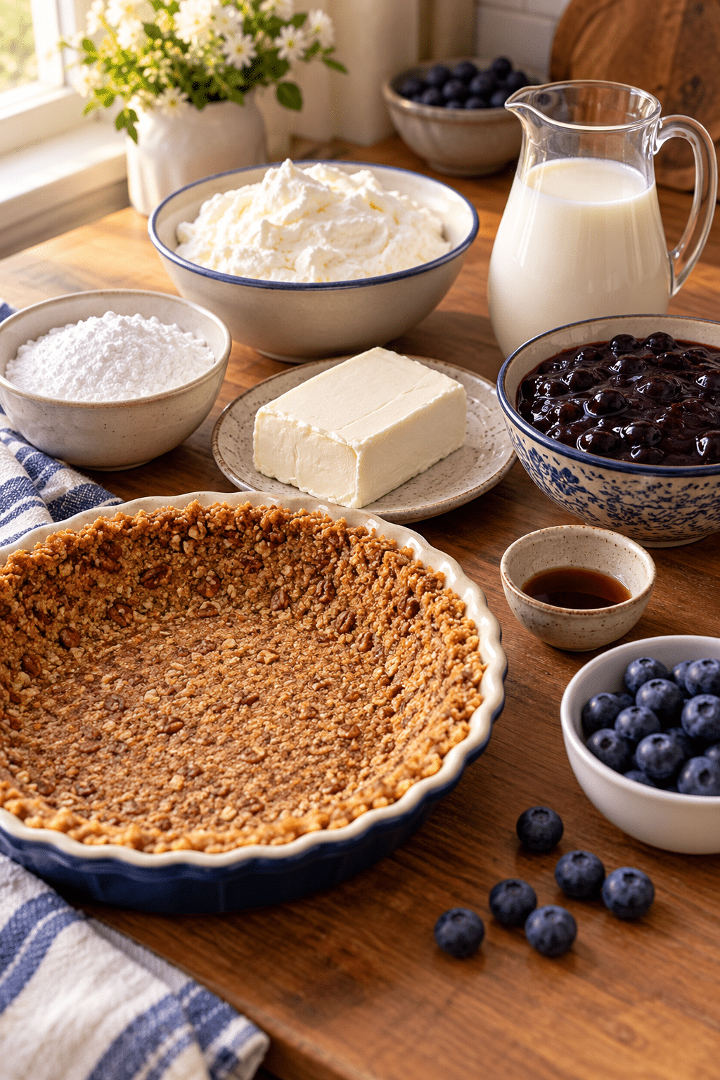 Ingredients for no bake blueberry dessert with pecan crust