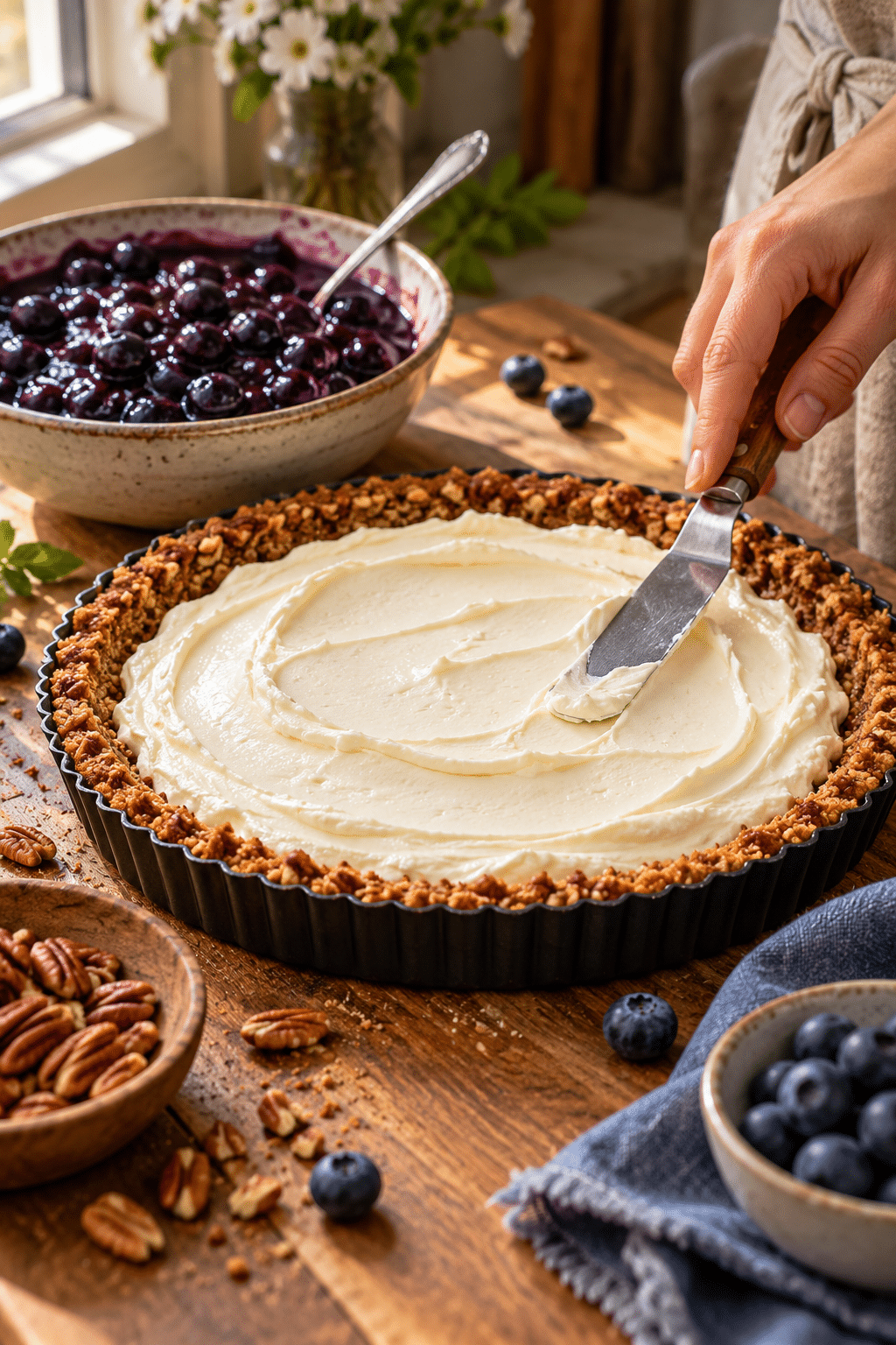 Layering the no bake blueberry dessert filling
