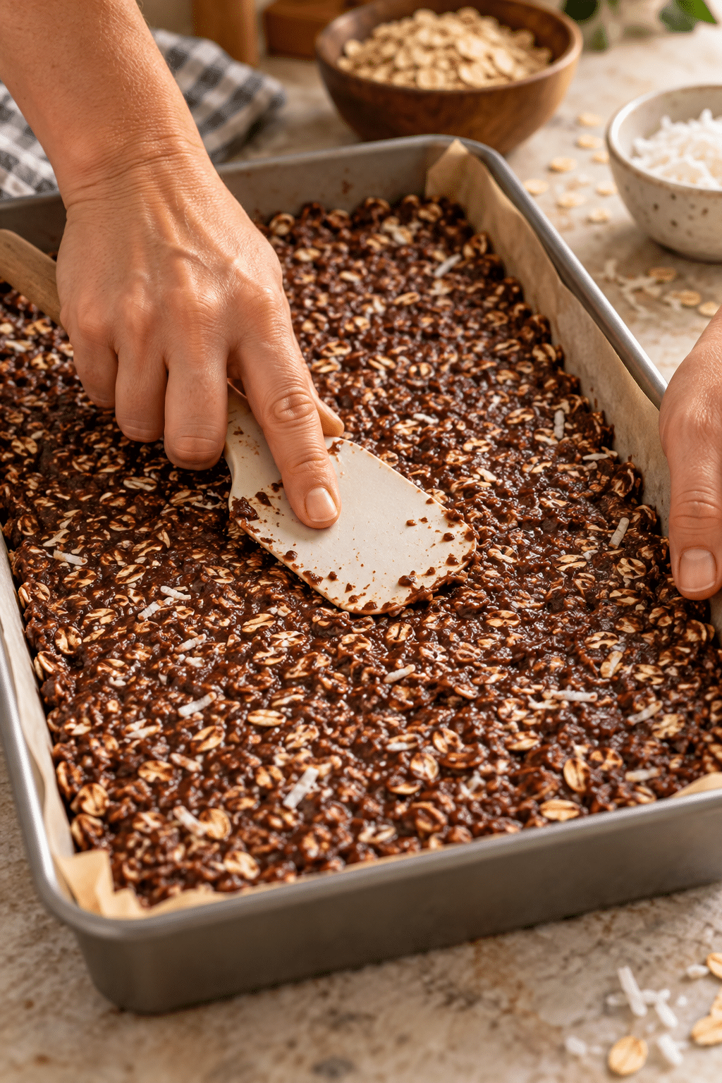 no bake snack bars mixture pressed into the pan