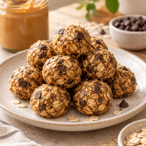 No-bake energy bites arranged as a ready-to-eat snack