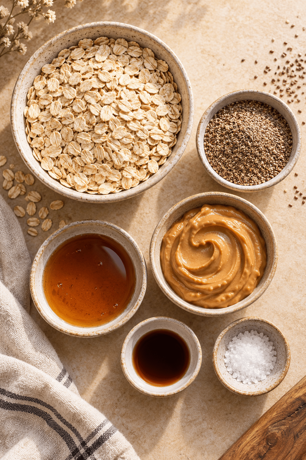 Ingredients for no-bake energy bites measured in a bowl