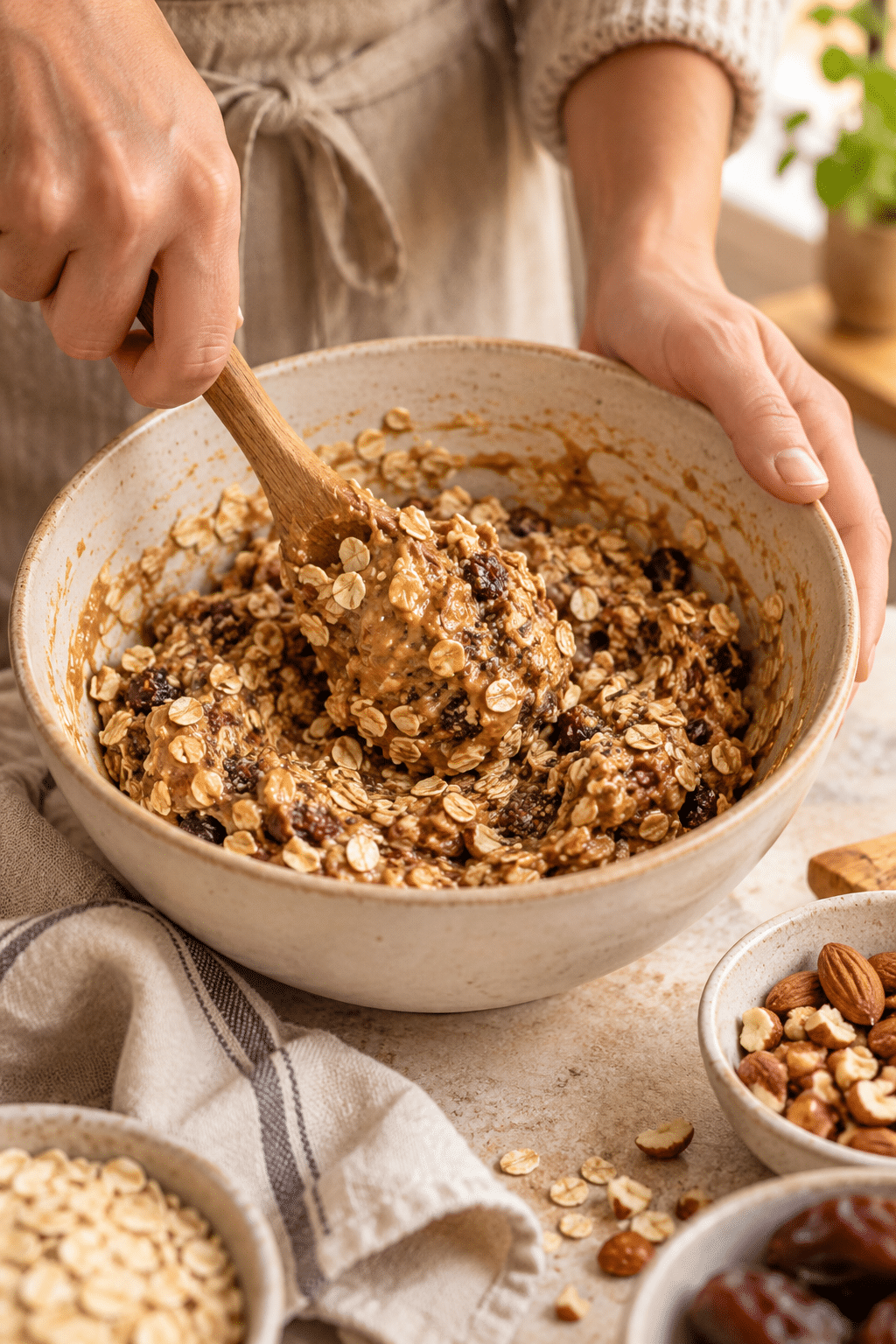Mixing the no-bake energy bite mixture before shaping
