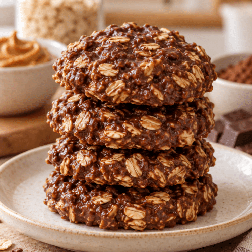 no-bake protein cookies stacked on a plate