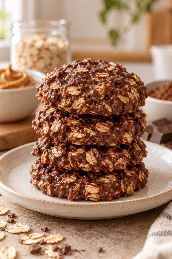 no-bake protein cookies stacked on a plate