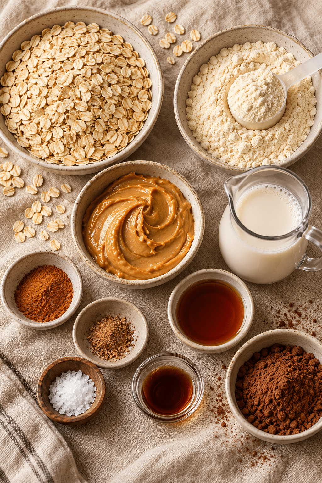 ingredients for no-bake protein cookies arranged on a counter