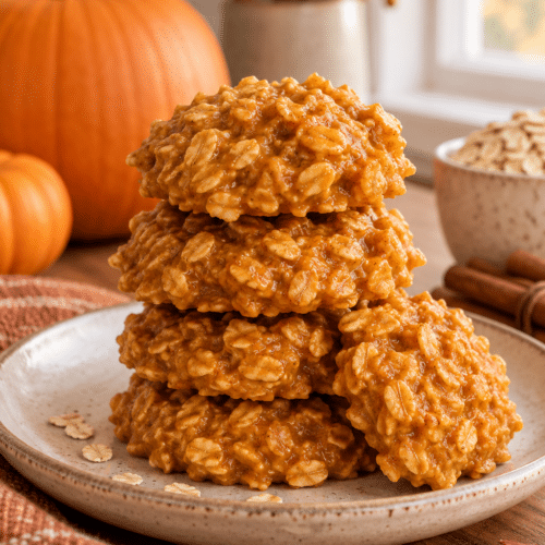 no bake pumpkin oatmeal cookies stacked on a plate