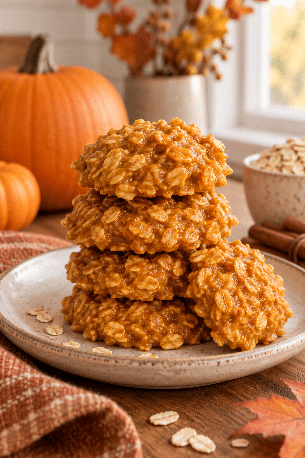 no bake pumpkin oatmeal cookies stacked on a plate