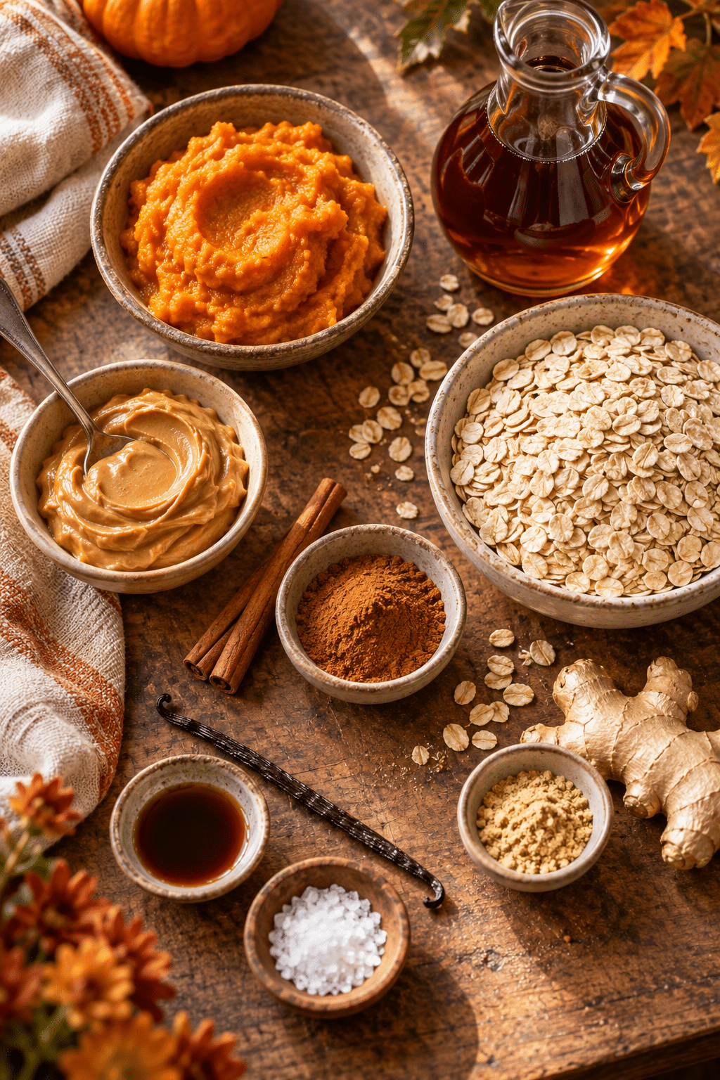no bake pumpkin oatmeal cookies ingredients measured in bowls