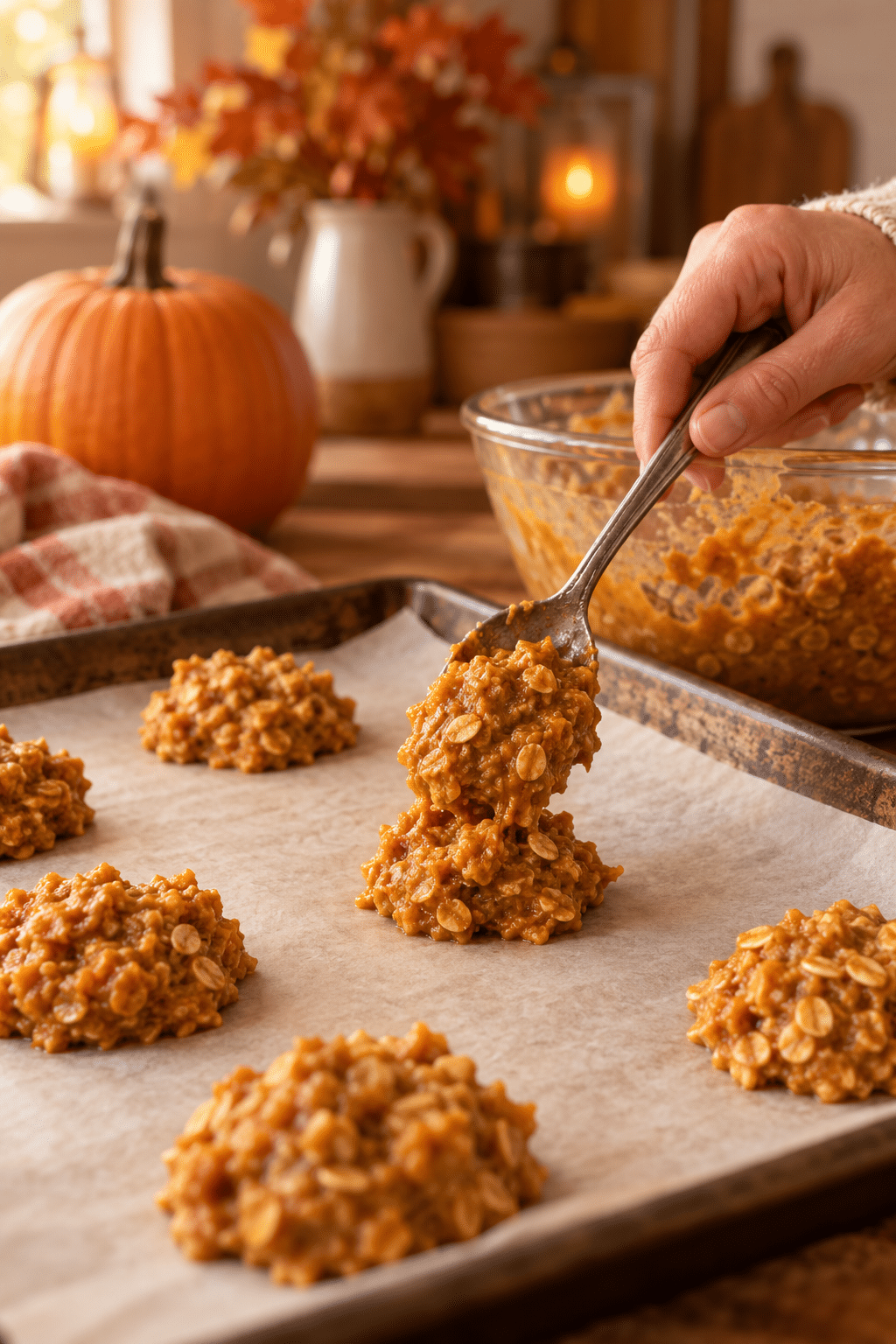 no bake pumpkin oatmeal cookies mixture being scooped
