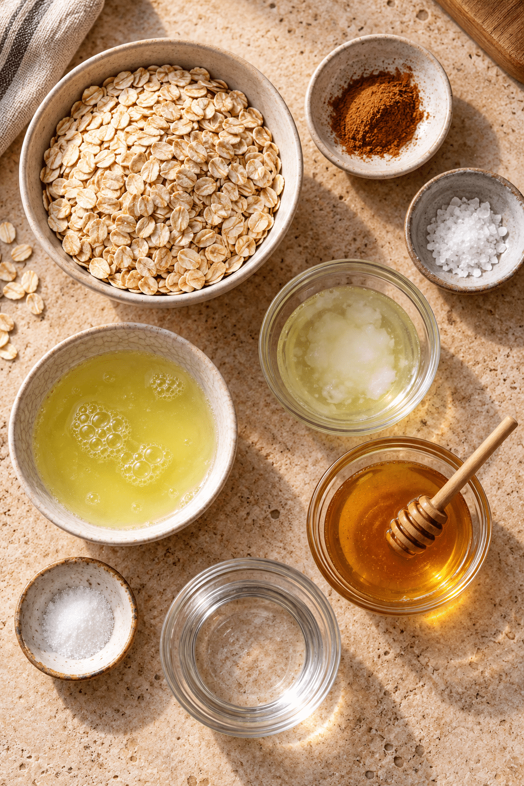 oatmeal breakfast pizzas ingredients measured in bowls