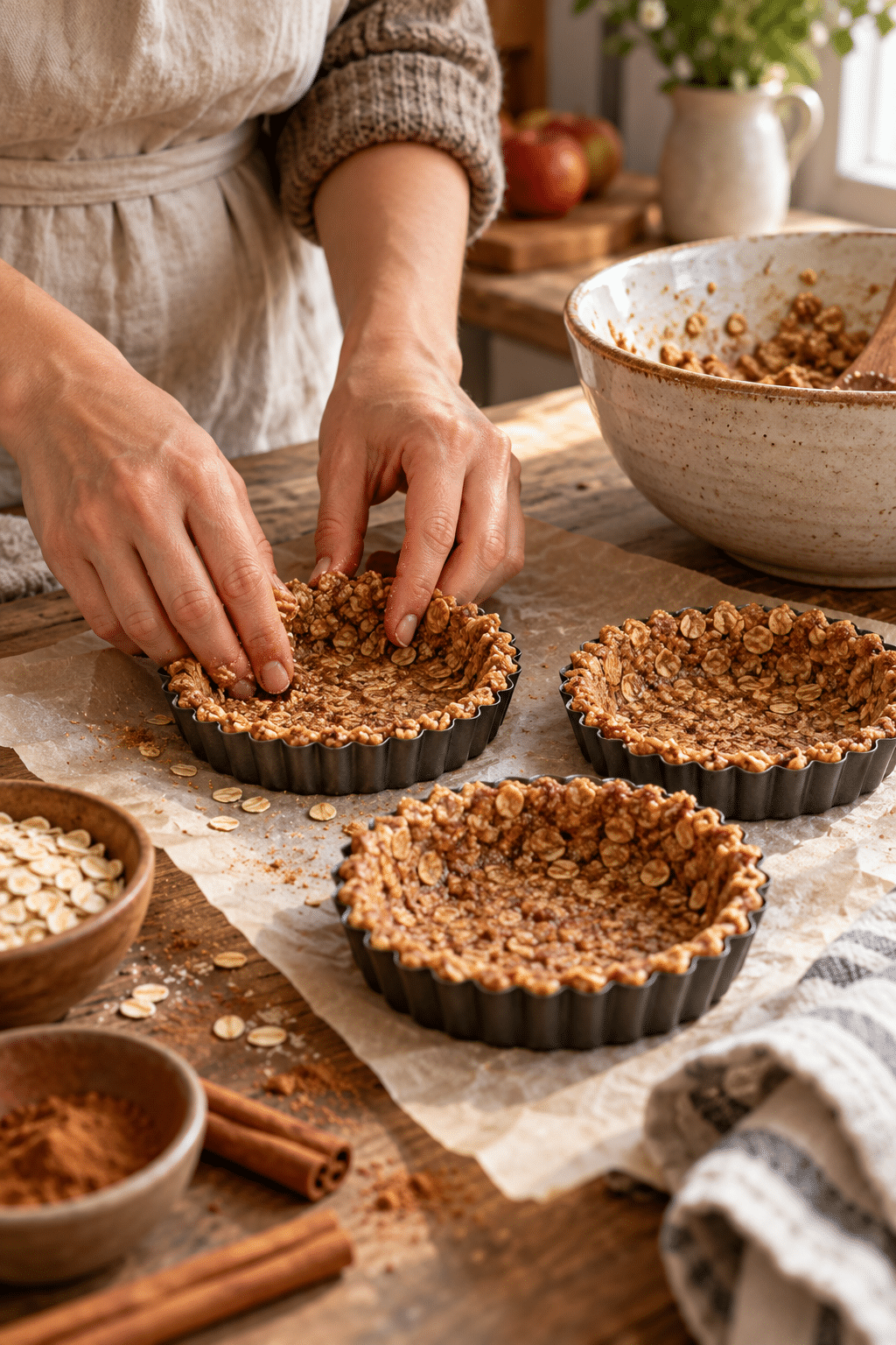 oatmeal breakfast pizza dough being shaped into crusts
