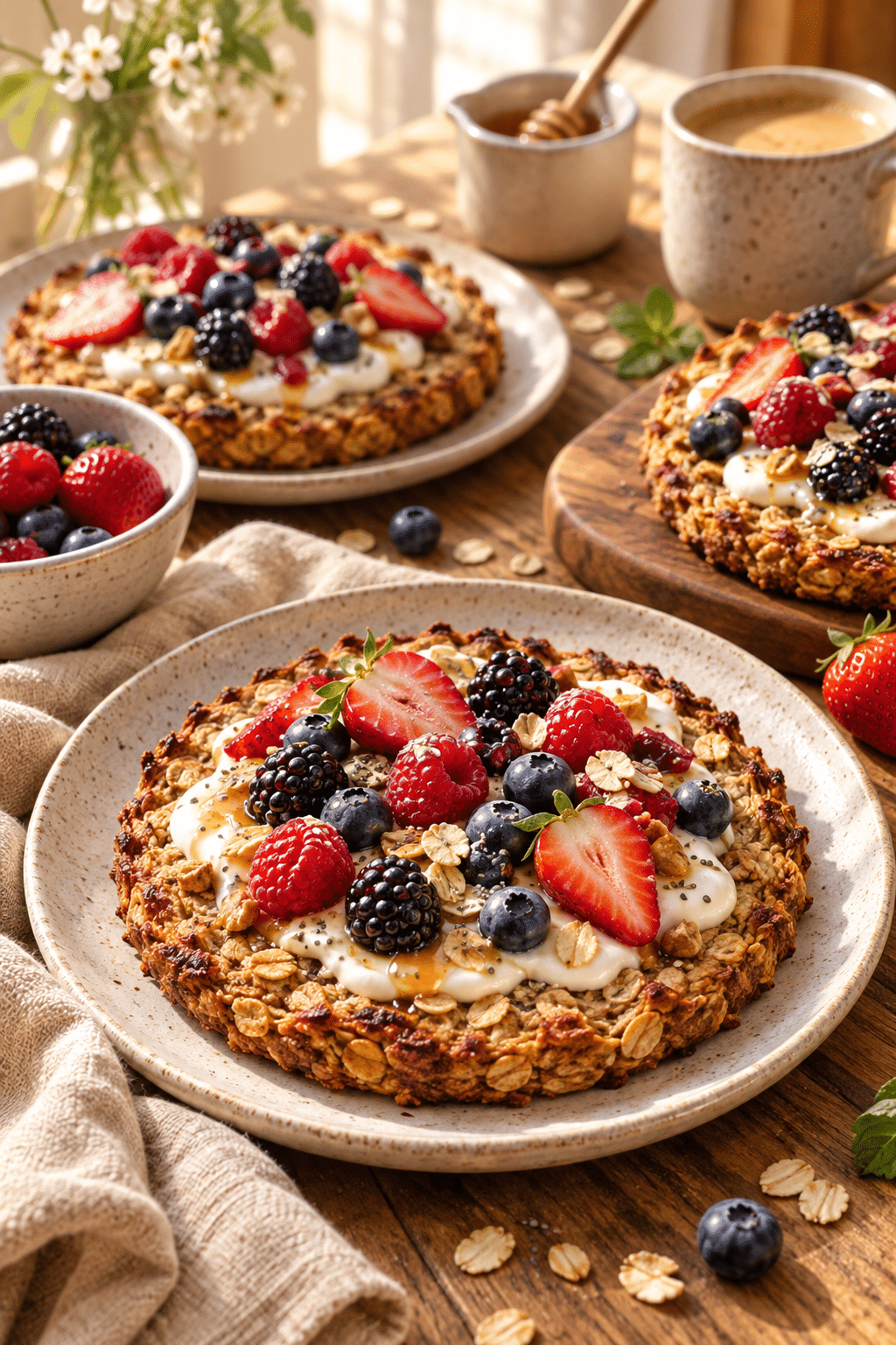 baked oatmeal breakfast pizzas ready to serve