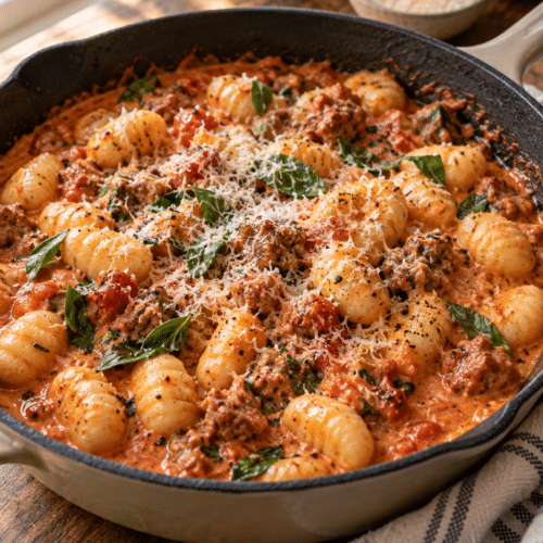 One pan creamy gnocchi with sausage in a skillet