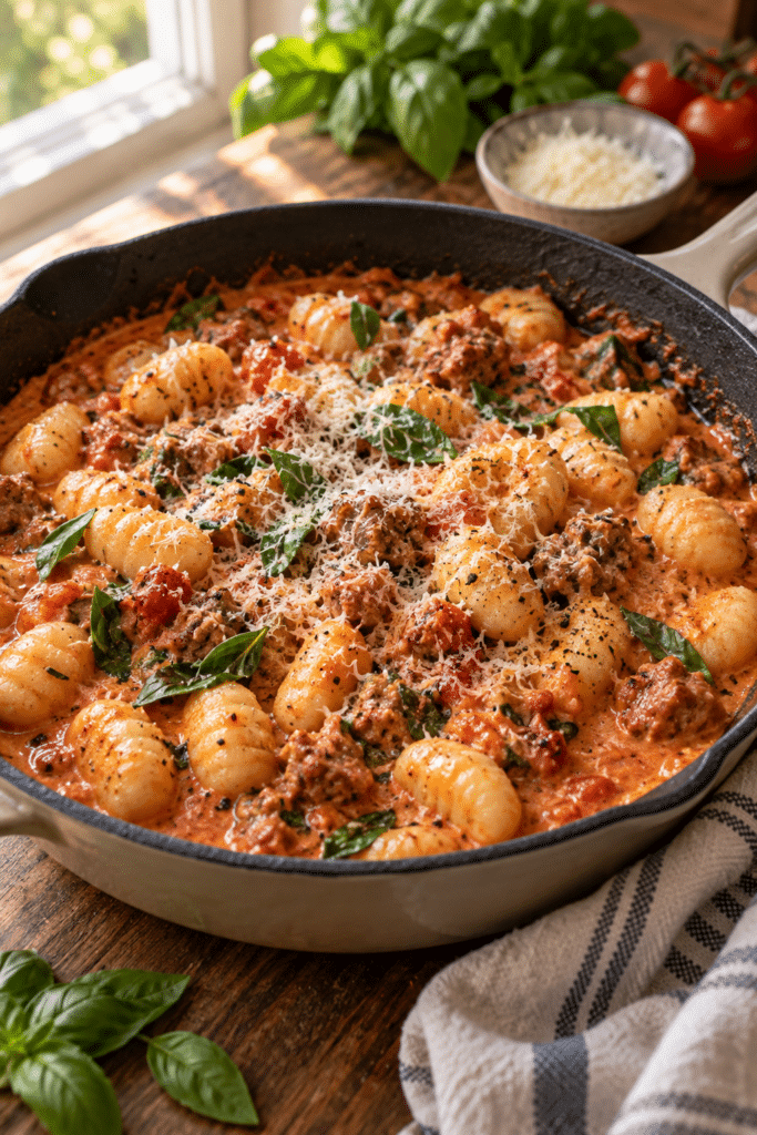 One pan creamy gnocchi with sausage in a skillet
