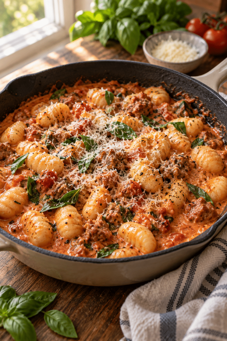 One pan creamy gnocchi with sausage in a skillet