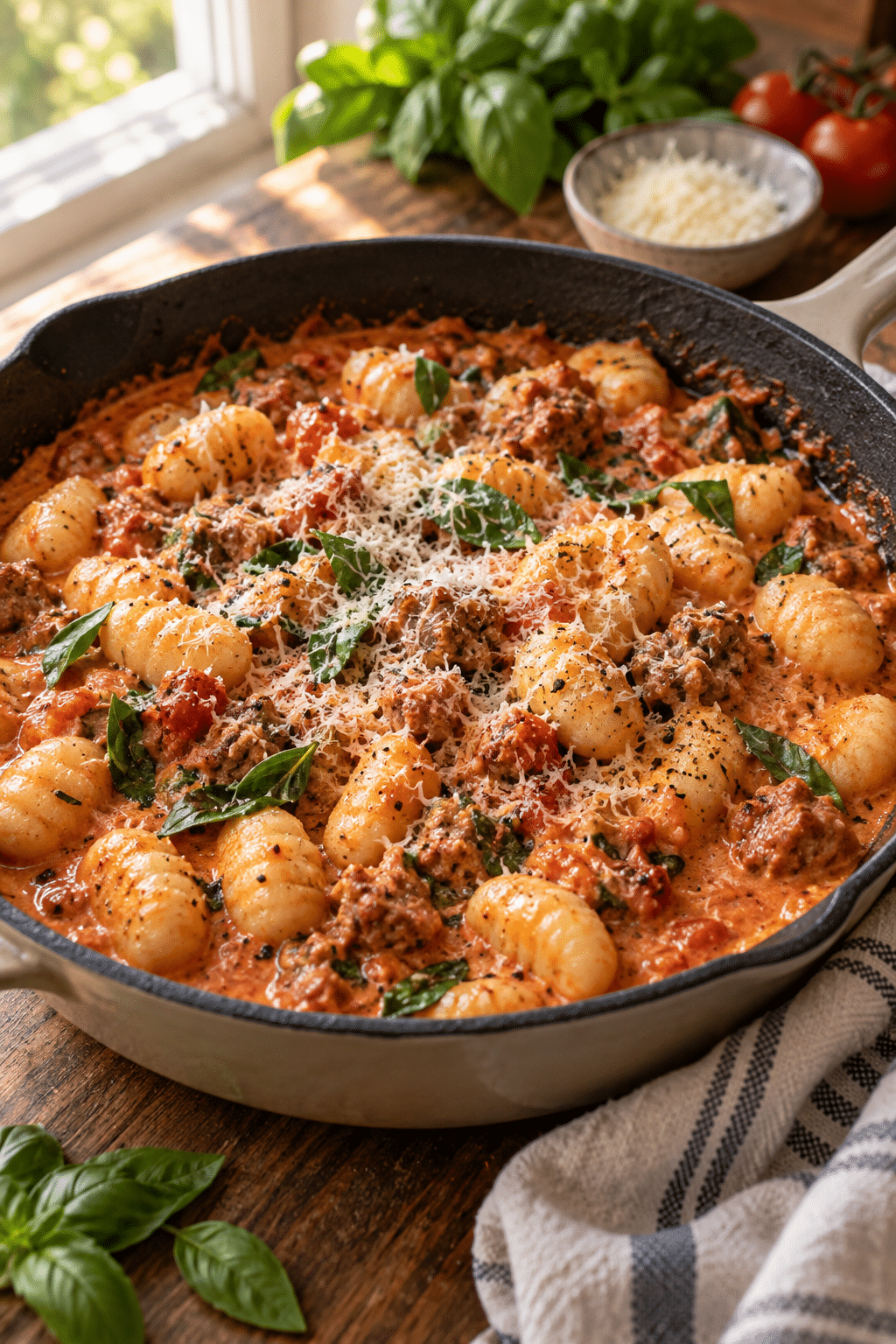 One pan creamy gnocchi with sausage in a skillet