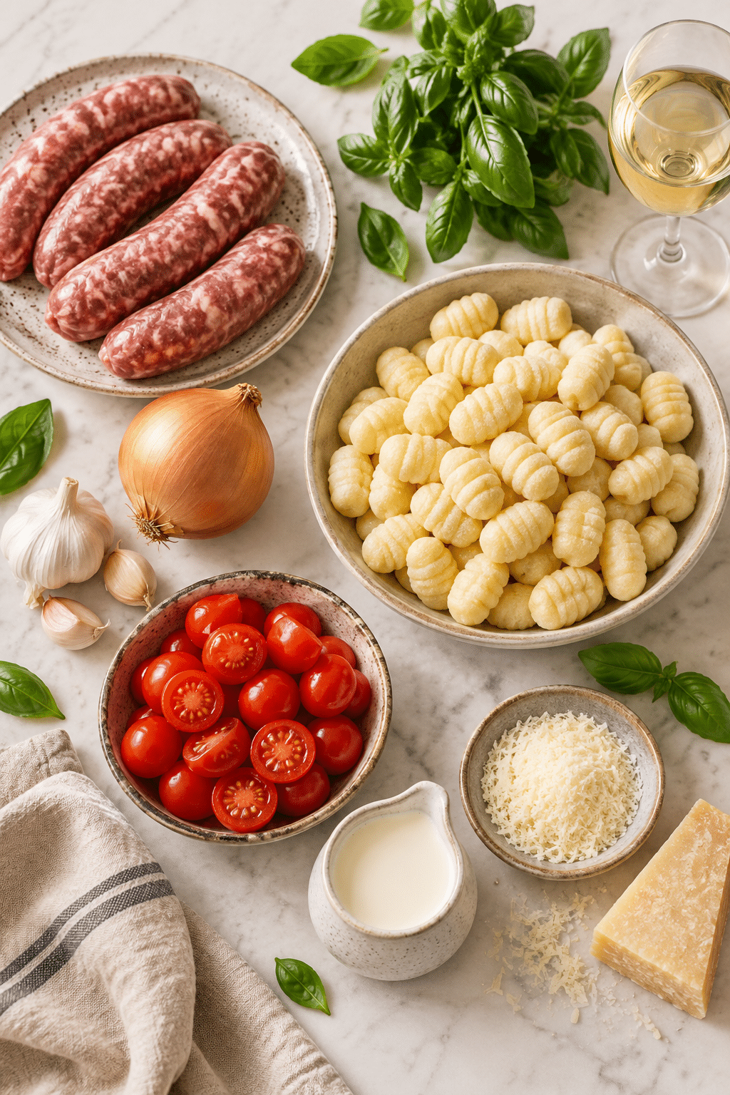 Ingredients for one pan creamy gnocchi with sausage
