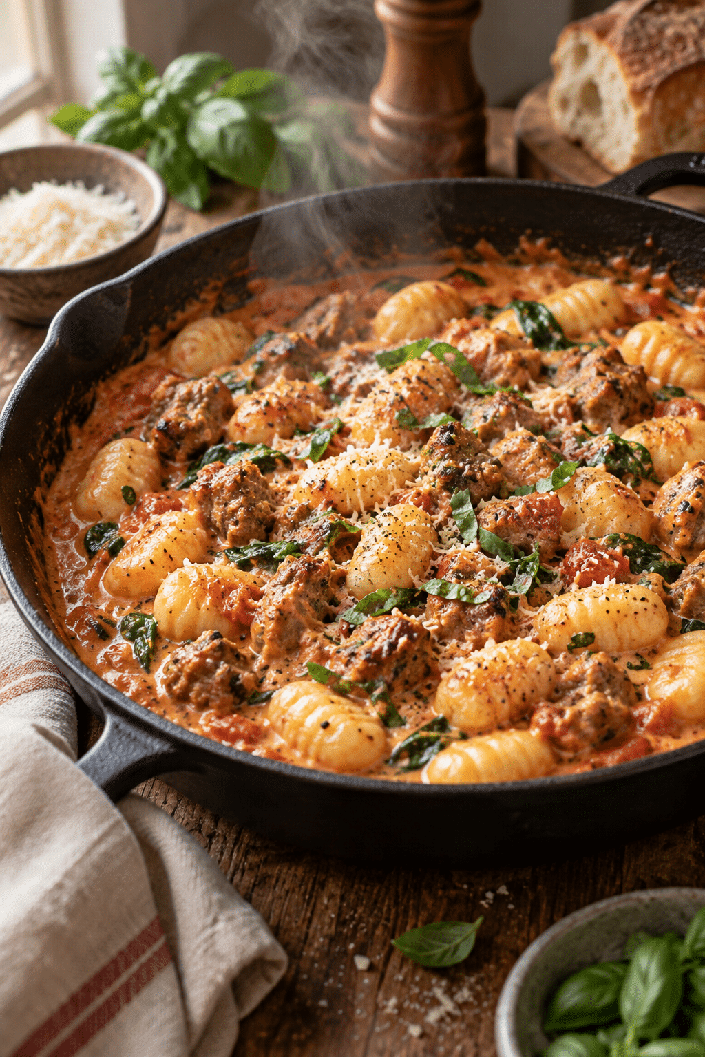 Creamy gnocchi with sausage simmering in a skillet