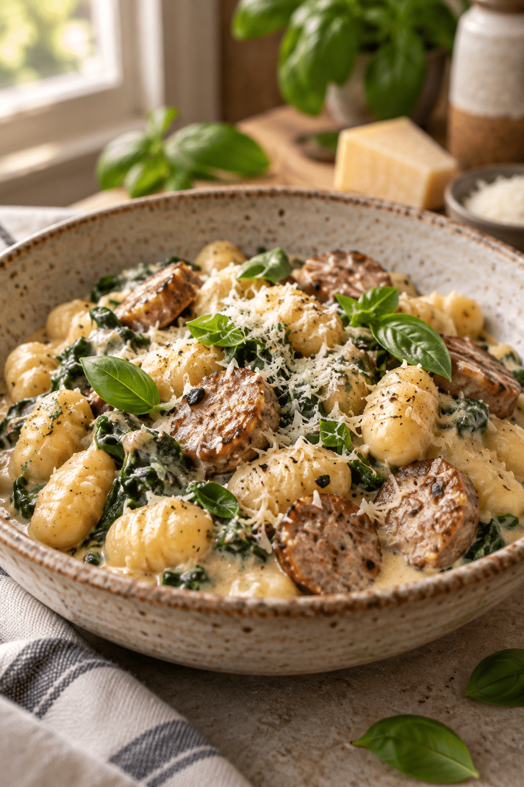 One pan creamy gnocchi with sausage finished with basil and Parmesan