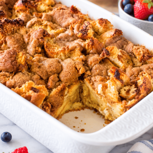 Overnight French toast casserole with browned cinnamon topping