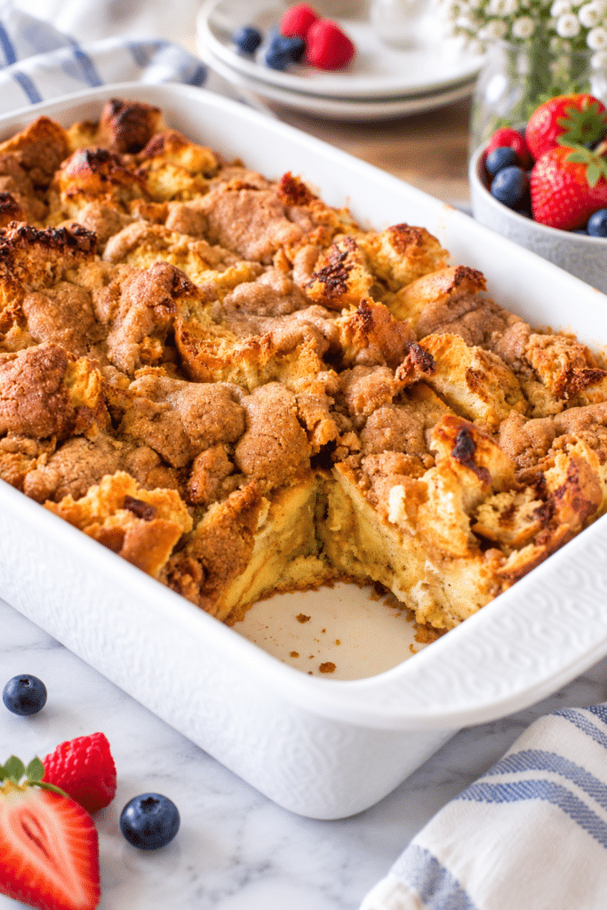 Overnight French toast casserole with browned cinnamon topping