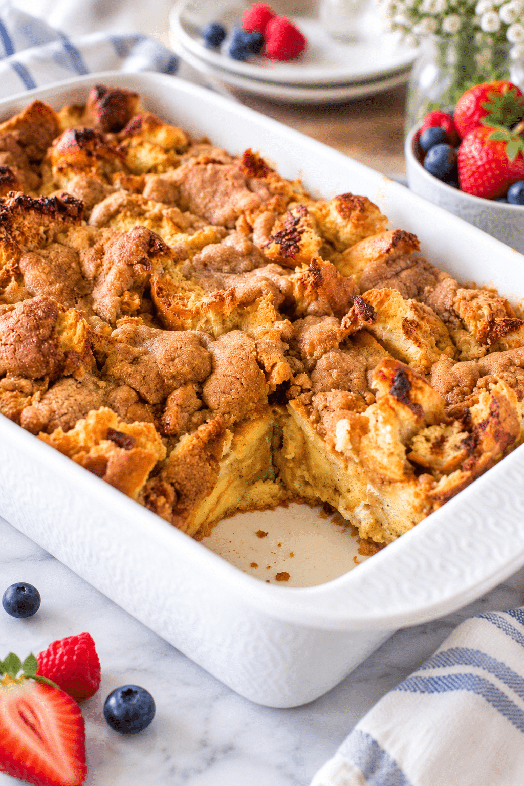 Overnight French toast casserole with browned cinnamon topping