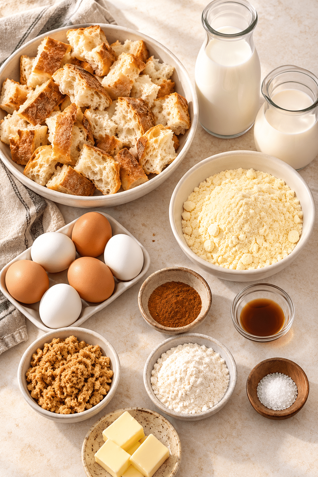 Overnight French toast casserole ingredients arranged on a counter