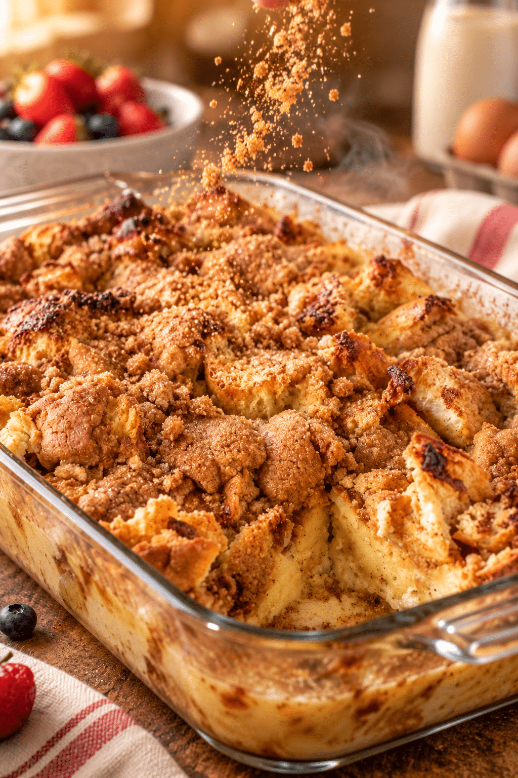 Custard-soaked bread prepared for overnight French toast casserole