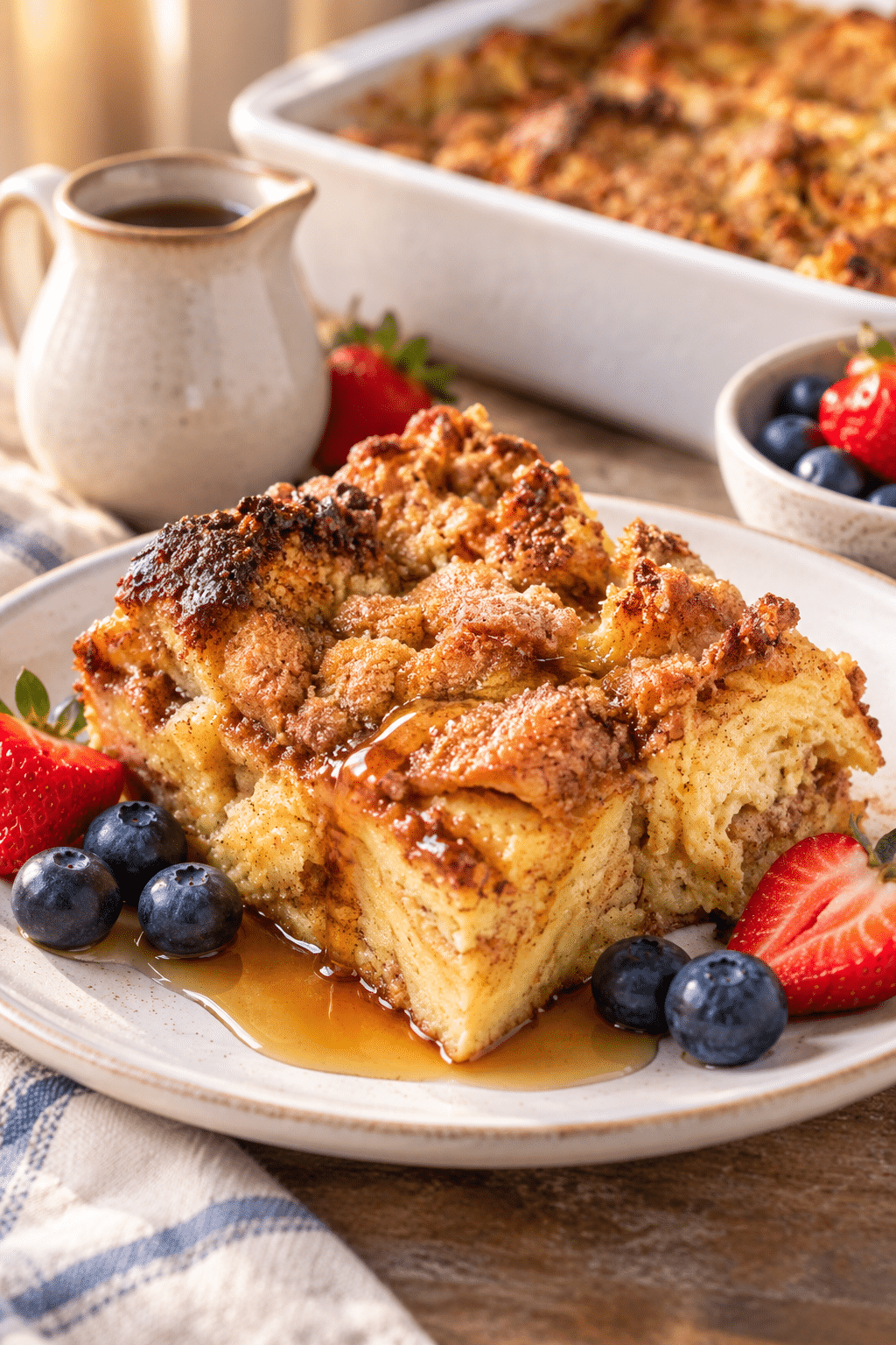 Overnight French toast casserole with browned cinnamon topping
