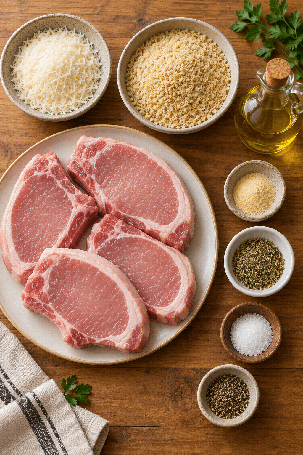 Parmesan crusted pork chops ingredients arranged for preparation